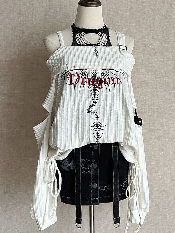 White Knit Letter Embroidery Off-Shoulder Top with Cutout - Tan Tuan