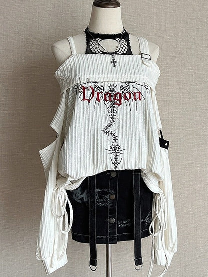 White Knit Letter Embroidery Off-Shoulder Top with Cutout - Tan Tuan