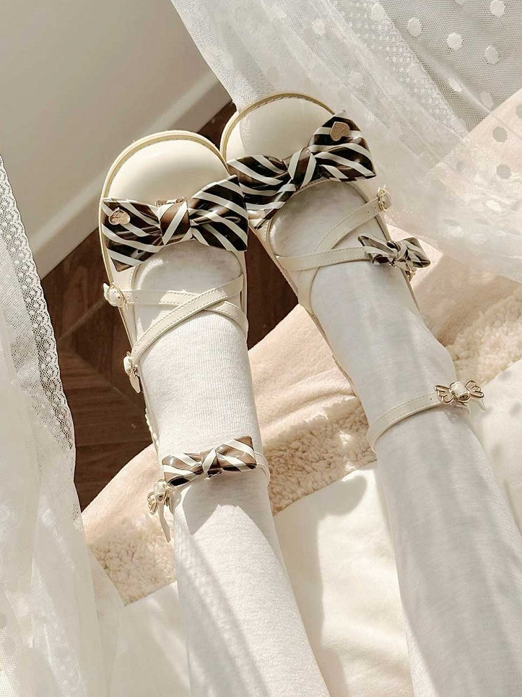 ロリータ クリスクロス ボウ ベージュブラウン バックル ストライプ シューズ デザイン トップス パターン ハート