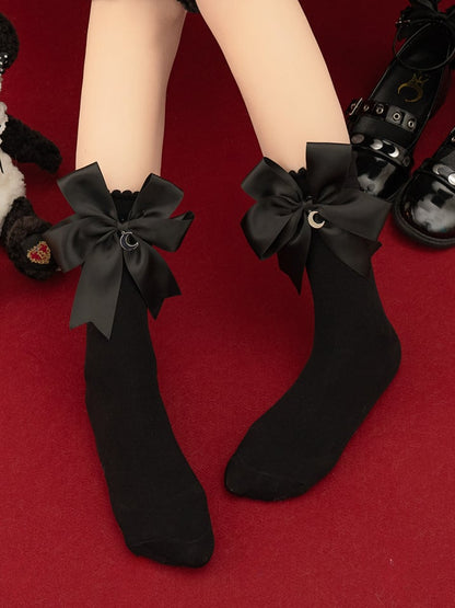 Schwarz-weiße Halbmond-Charms Bownkot Lolita Socken