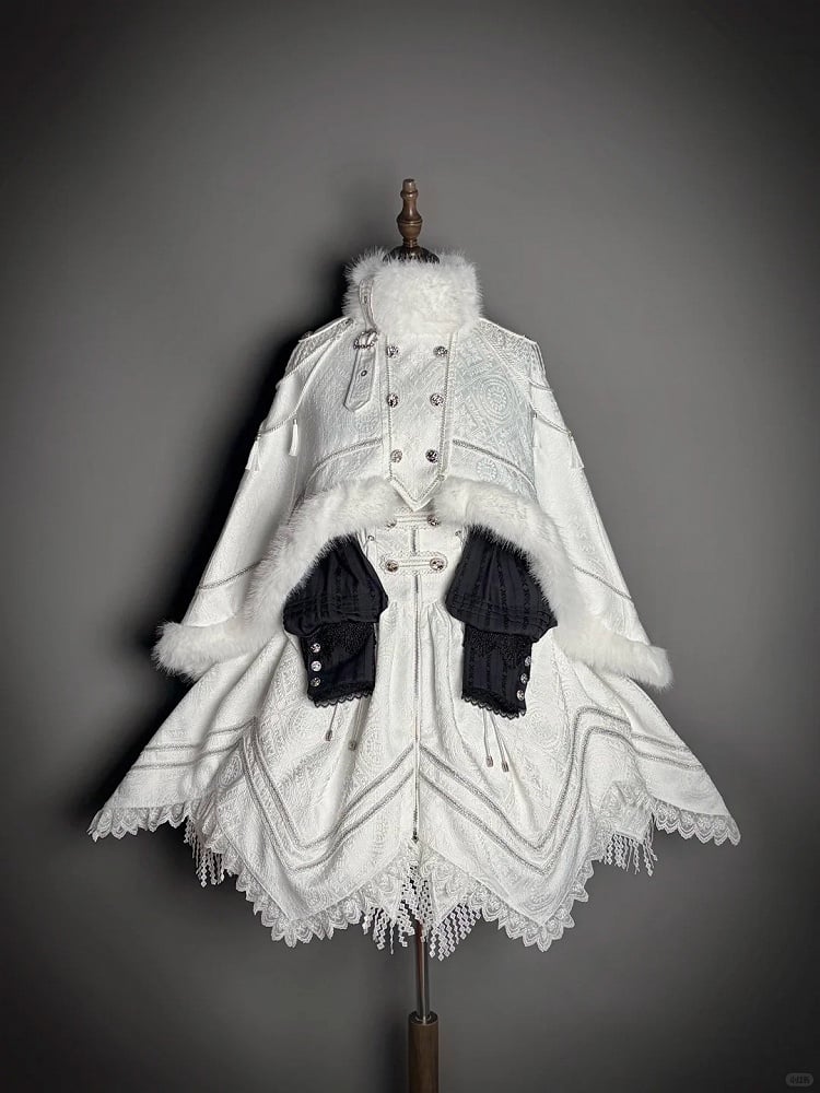 Fur-Trimmed White Decoration and Cape with Buckle Faux Breasted Lolita Military Double Tassel