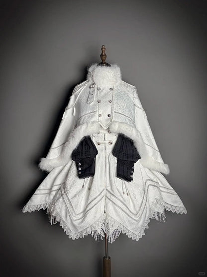 Fur-Trimmed White Decoration and Cape with Buckle Faux Breasted Lolita Military Double Tassel