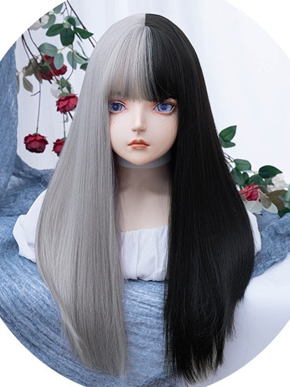 Silver&Black Split Color Long Straight Synthetic Wig With Bangs