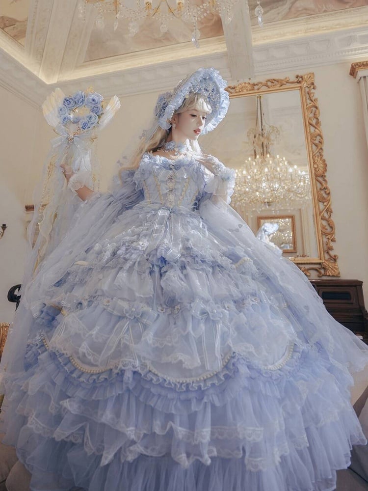 with Hime Dress Bead Lolita Floral Available Length Gorgeous and Blue Plus Accents Floor Hanayome Wedding Sizes