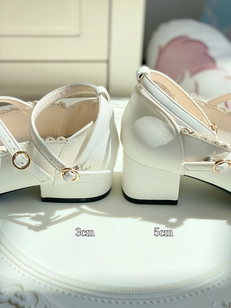 Decor Scalloped Sweet Blue Design - Bow Round-toe Lolita Heels Low