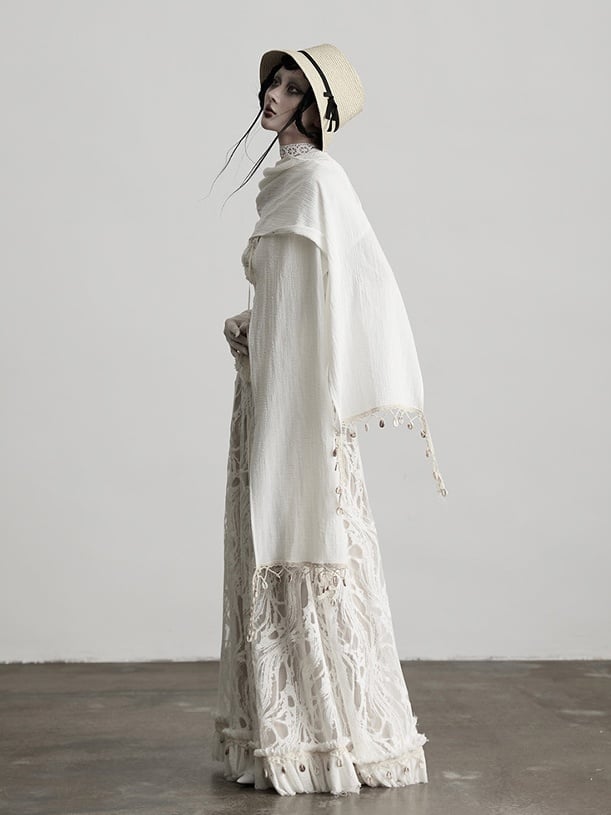 Tulle Umbrella Shawl Shell + Floral Charms Pattern White Skirt Urban Goth with