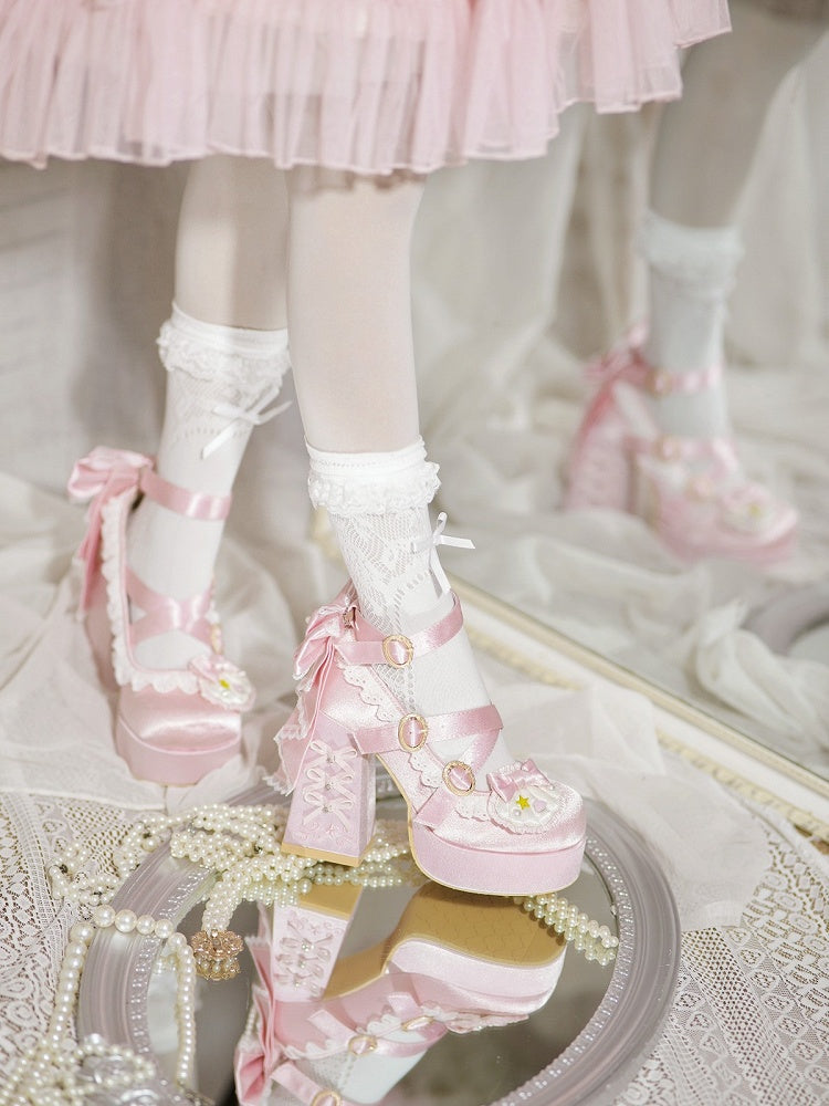 Light Pink Round-Toe Lolita Shoes, 11.5CM Bowknot Block Heel, Pearl & Shell - Bad Bear