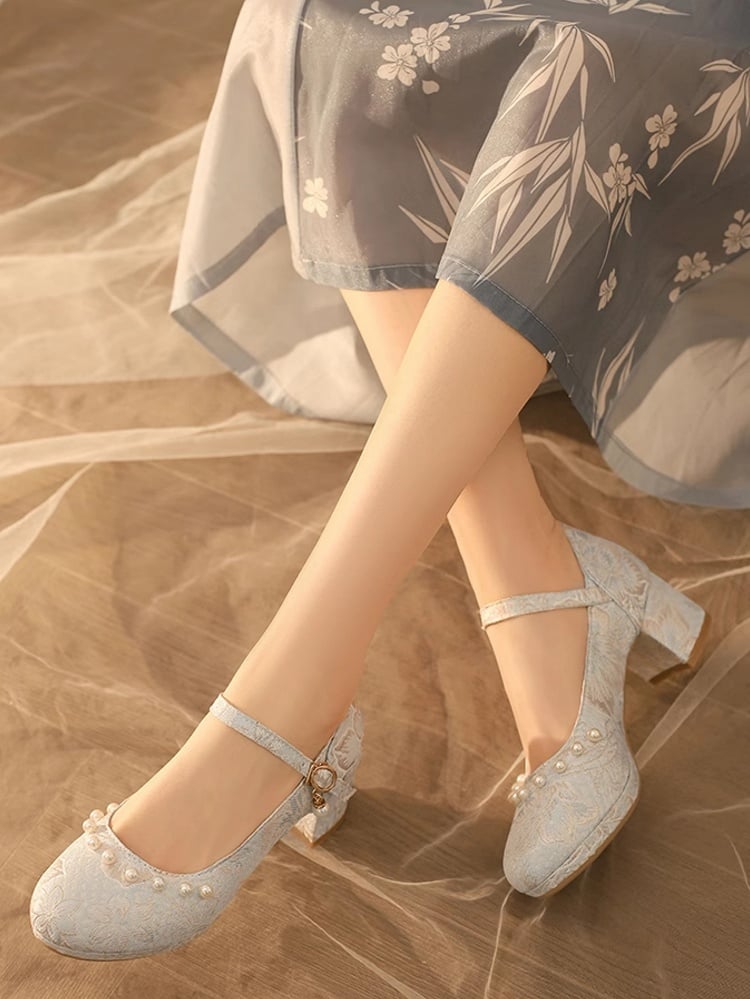 with Qi Satin Shoes Mid-heel Beaded Lolita - Details Blue Floral