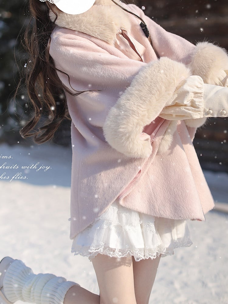 Self-tie Pink Wool Cape Coat with Detachable Shaggy Collar Sweet