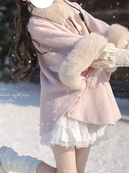 Self-tie Pink Wool Cape Coat with Detachable Shaggy Collar Sweet