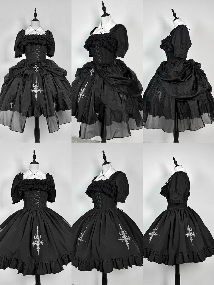 Black with Jumper Gothic Overlay Drawstring Boned Detachable Waist Lolita Skirt
