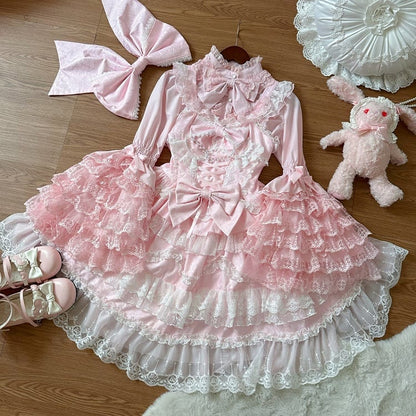 Besätze Kleid Rosa Rock Weiß Verzierter Pullover Spitze Lolita Hanayome Schleifen