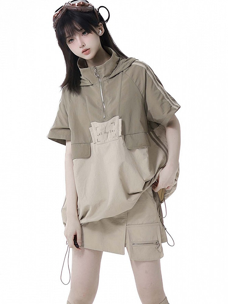 Khaki Colorblock Lightning Embroidery Drawstring Techwear Hooded T-shirt Hem