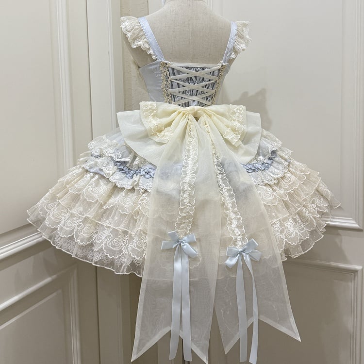 Details Sweet + Skirt Bow Large Princess Lace with Train Blue Dress / Ribbon Only Ballet-Style JSK Multi-Layer