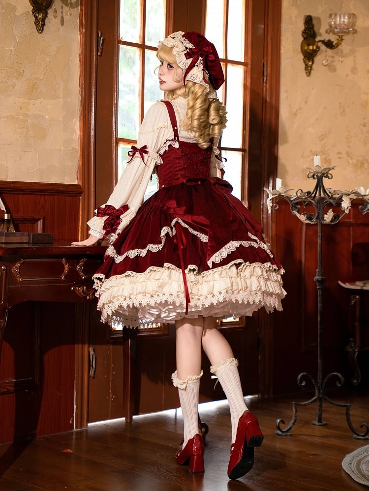 / Kleid Rot Lolita Dekoration JSK Schleifen Samt Stickerei Kerze