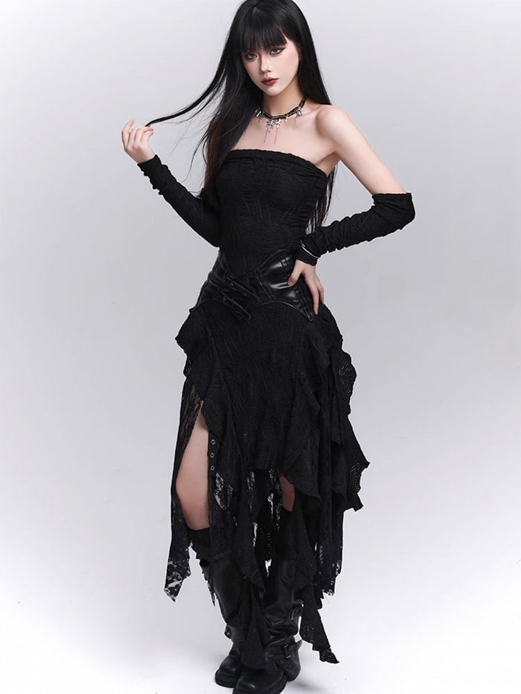 Asymmetrical with Black Free Cascading Ruffles Strapless Dress