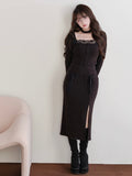 Slit - Lace Jirai Accent Bow Set Square Skirt Black Two-Piece Neck Choker Top Kei Design +