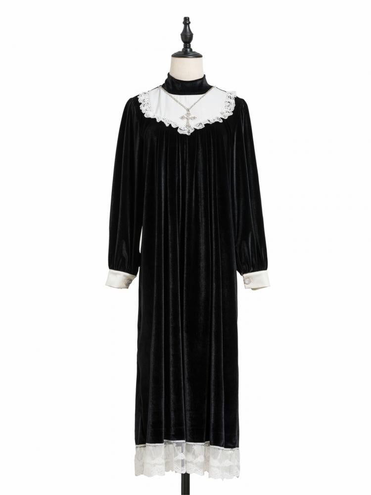 Chor Gothic Stehkragen Samt Kreuz Langarm Kleid