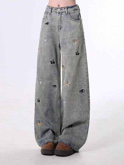 Embroidered Design Black/Blue Straight-Leg Jeans Dog