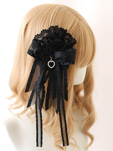 Heart-shaped Roses Black Lace Hairclip Dark And Gorgeous Charm Lolita with Floral