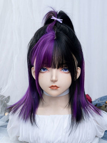 Black And Purple Highlights 47CM Above Bust Length Straight Wig With Bangs