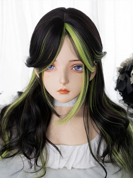 Black And Green Highlights 60CM Long Wavy Wig With Bangs
