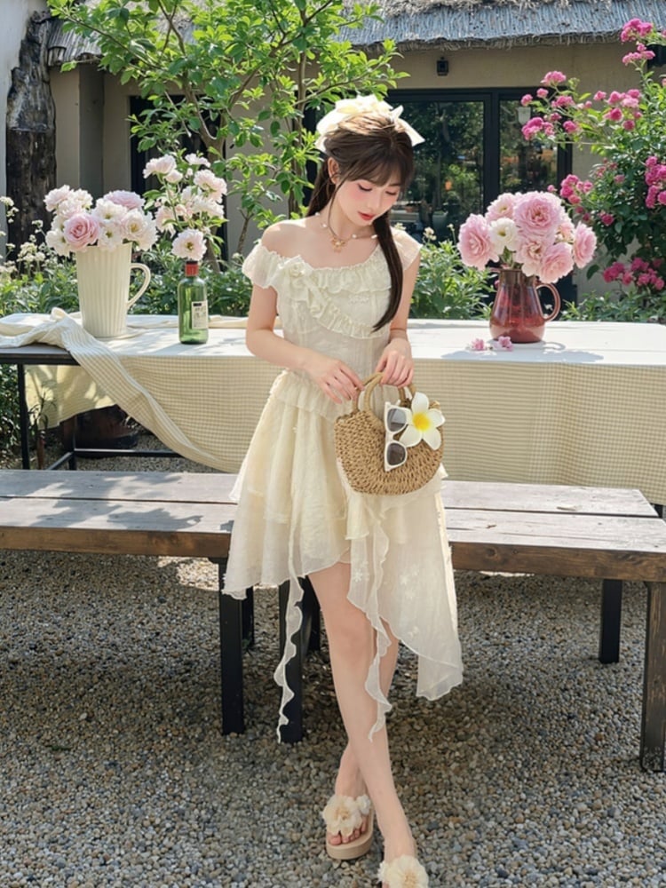 Tonal Beige Rüschen Ausschnitt Asymmetrische Urlaub Ärmelloses Kleid Saum Floral Stickerei