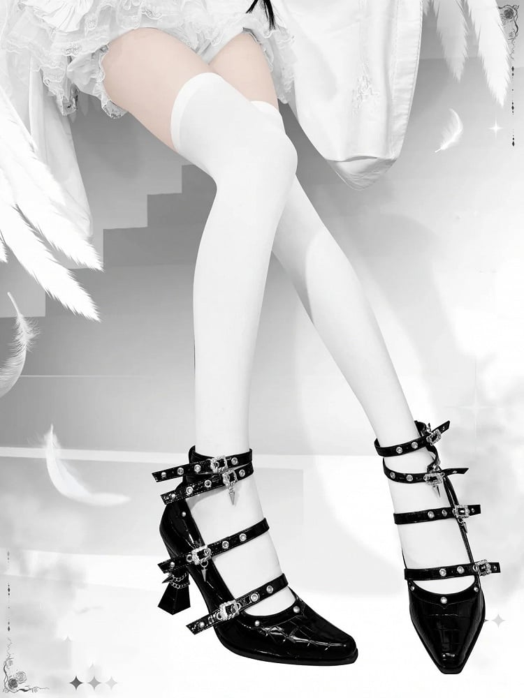 in Schnalle Leder Faux Poliert 8,5 cm Gothic Heel Hohe Krokodil Mehrere Heels Riemen mit Schwarz