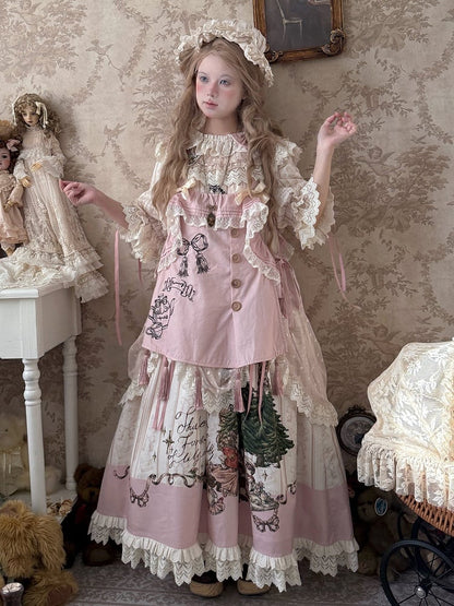 タッセルロリータピンクの裾のスイートエプロン