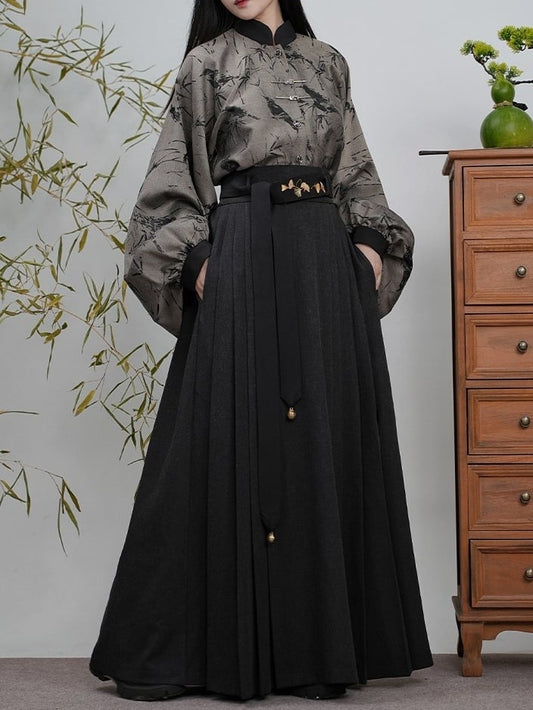 Pleated Style Detail Skirt Chinese with Waistband Elastic Black