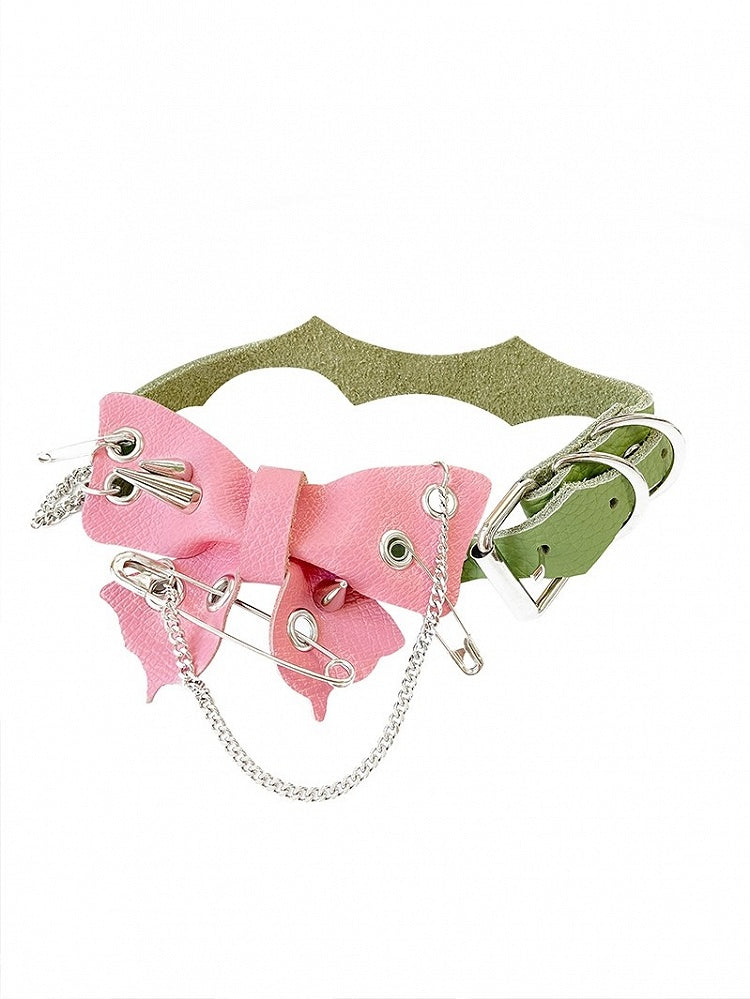 Pin Pink Studded Safety Green Punk Butterfly Adjustable with Details Choker Strap PU
