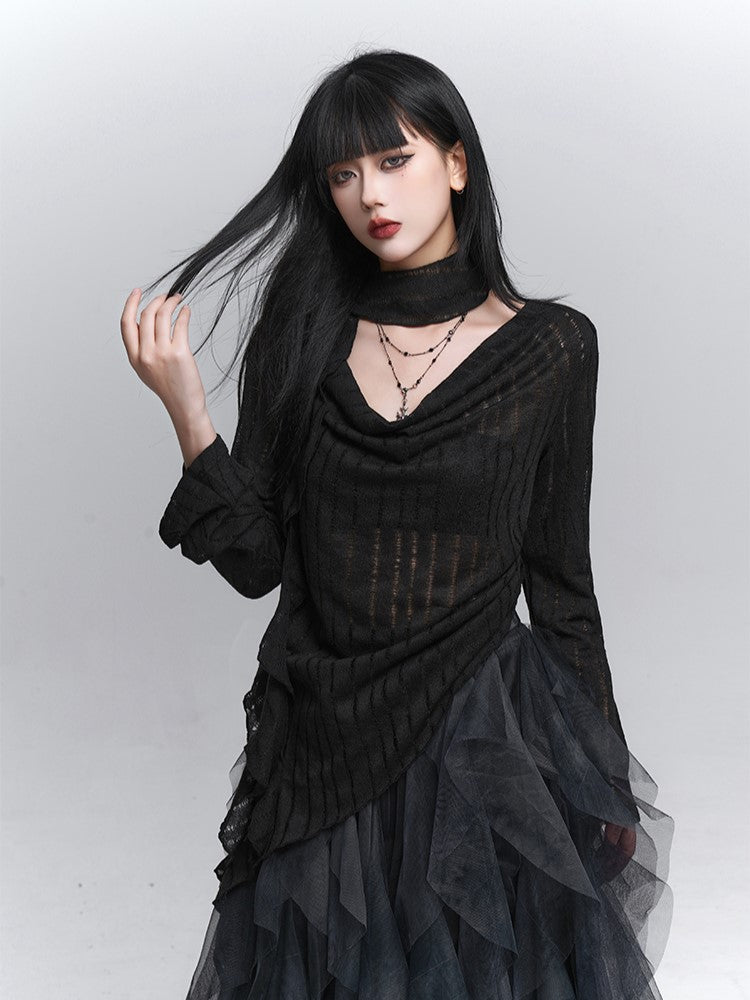 Slit with Top Knit Asymmetrical Neck Black Gothic Side Cowl