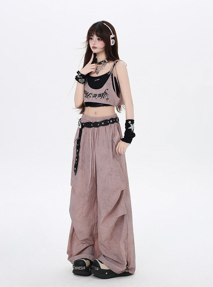 Taille Asymmetrische Hose Punk Accessoire Dusty Pink Kordelzug Taille Wasteland mit