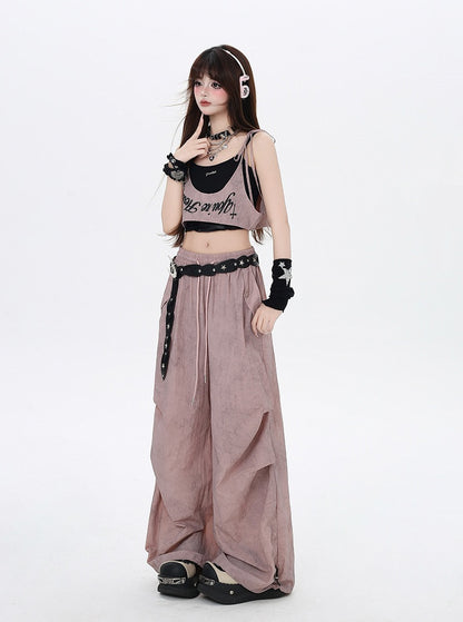 Taille Asymmetrische Hose Punk Accessoire Dusty Pink Kordelzug Taille Wasteland mit