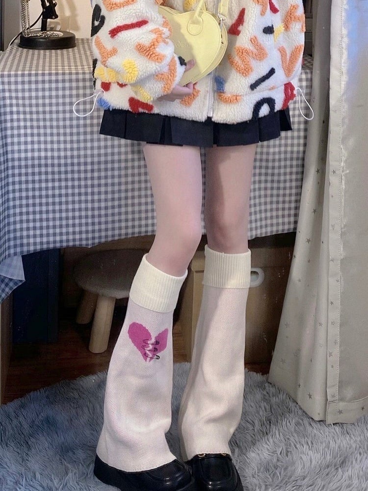 Leg Print Kawaii Style Warmers Apricot Heart Mid-calf Knit