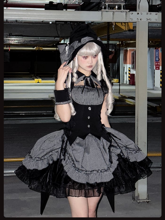 Halloween Hem Gray and Dress Black Boned Drawstring Pattern Lolita Striped Gothic Waist