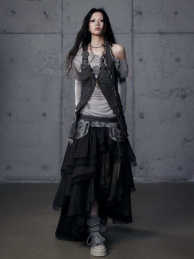 Dark Tiered Aesthetic Blackish-Green with Leather Punk Skirt