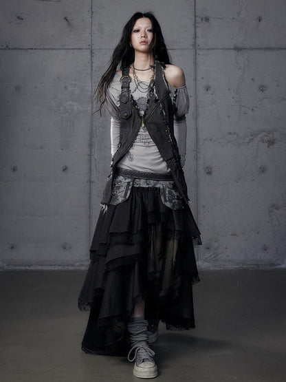 Dark Tiered Aesthetic Blackish-Green with Leather Punk Skirt