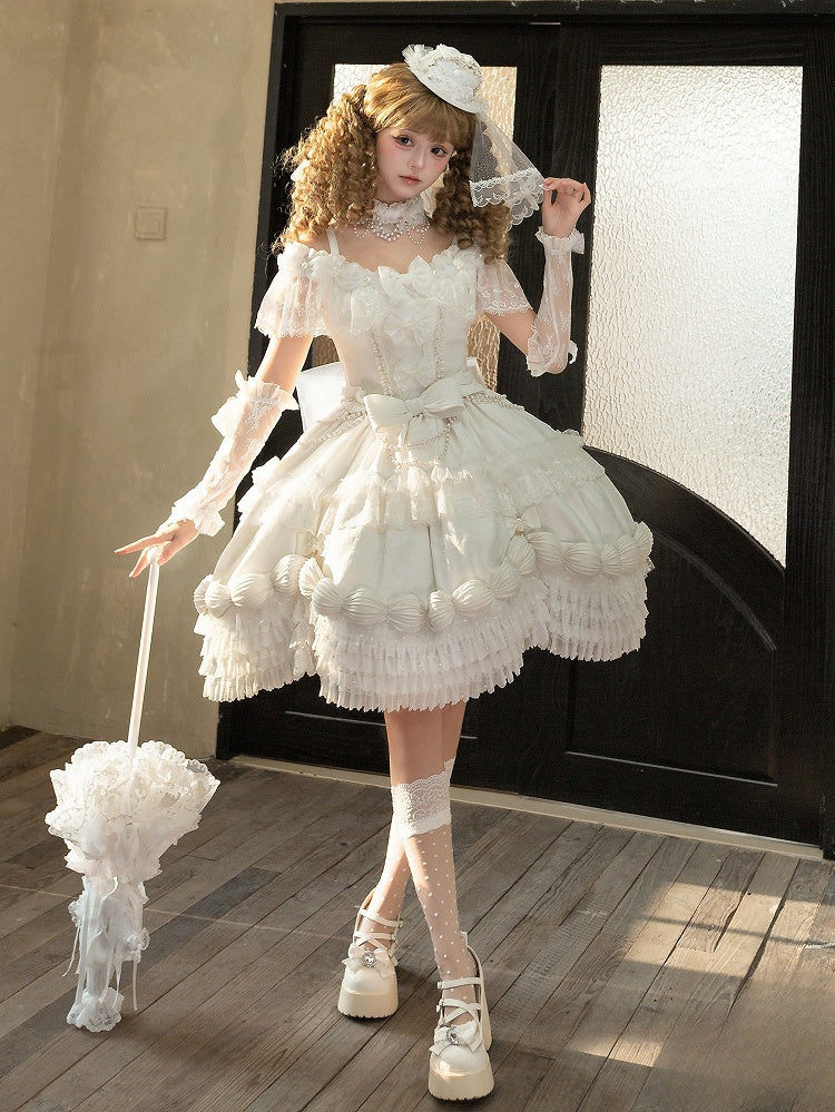 KC Lolita Full Dress Choker Mini Off Hat Cuffs Set + Shoulder Wrist Veil Hime White
