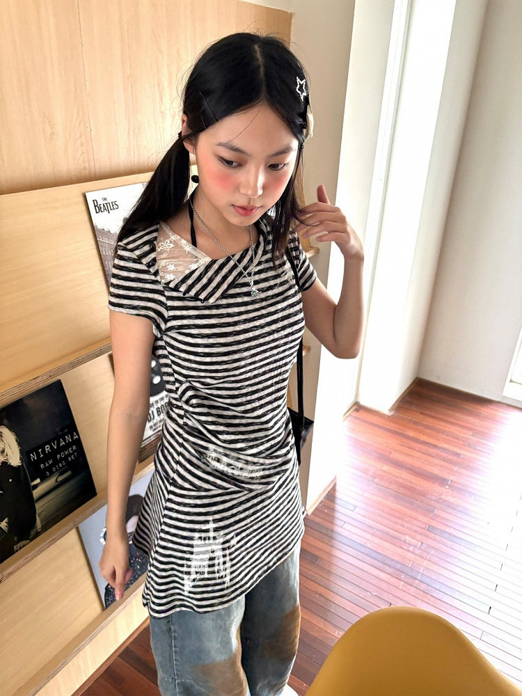 Dress Asymmetrical Collar Sleeve Detail Patchwork and Striped Short with Star