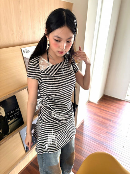 Dress Asymmetrical Collar Sleeve Detail Patchwork and Striped Short with Star