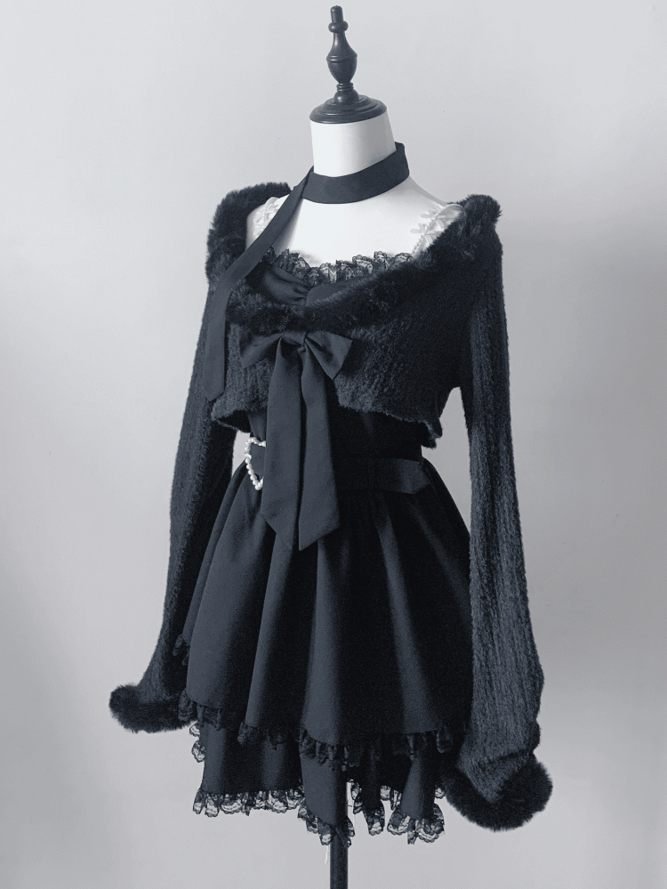 Black Cami Fuzzy Layered Long Top under Collar Belt Style Landmine Sleeve Dress Set: Heart +