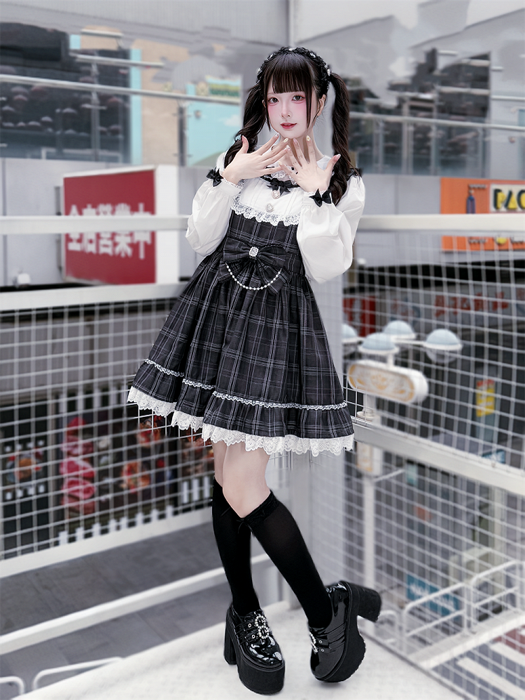 Waist Bow Jirai Dress: Pan Peter Gray Big with Academia Vintage Kei Collar Plaid