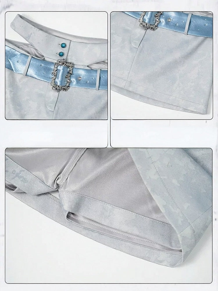 Blue Punk Style Satin Belt Skirt with Curved Leg Warmers Set - Virtual Orbit