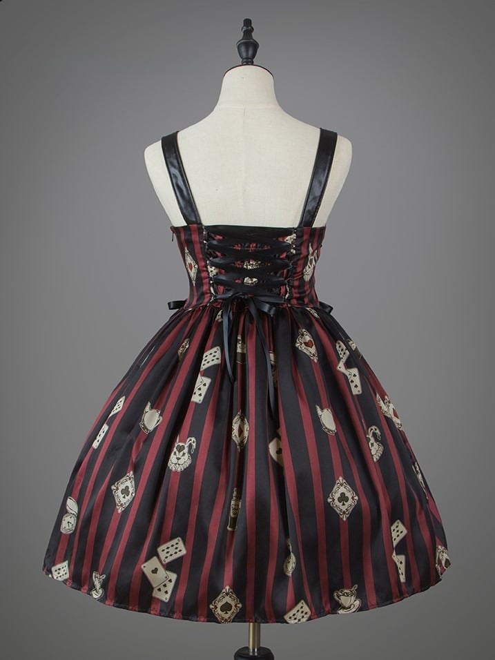Card Punk Lolita Kleid Rot mit Spiel- und schwarz gestreiften Drucken