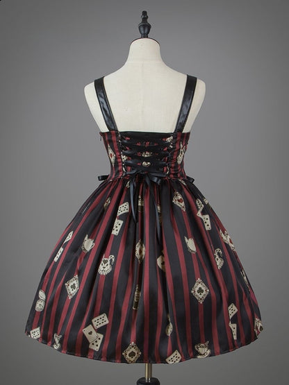 Card Punk Lolita Kleid Rot mit Spiel- und schwarz gestreiften Drucken