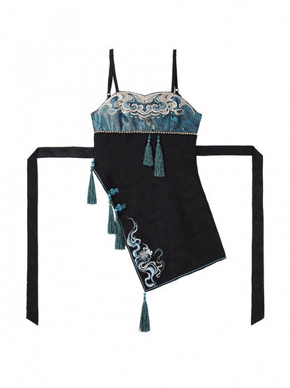 Black Cyan Asymmetrical Hem Han Lolita Jumper Skirt - Unknown Star