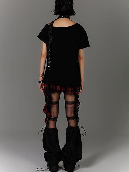 Y2K Black Cross Print Glamorous Belt with Waist T-Shirt