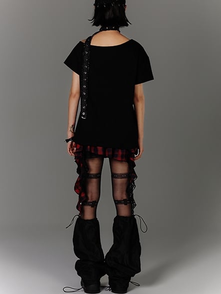 Ruffled Black PU Punk Skirt Hem Y2K Asymmetrical Red Plaid