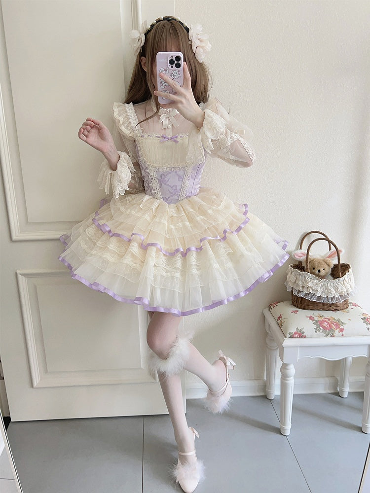 Skirt Purple Print Basque Waist Balletcore Lolita Bows Jumper